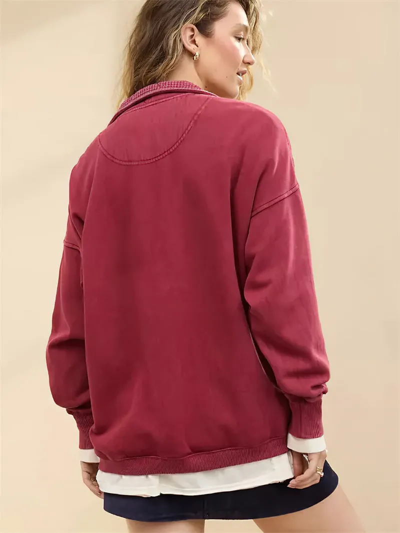 Chouyatou Women's Fashion V Neck Snap Button Long Sleeve Casual Loose Pullover Sweatshirt Activewear
