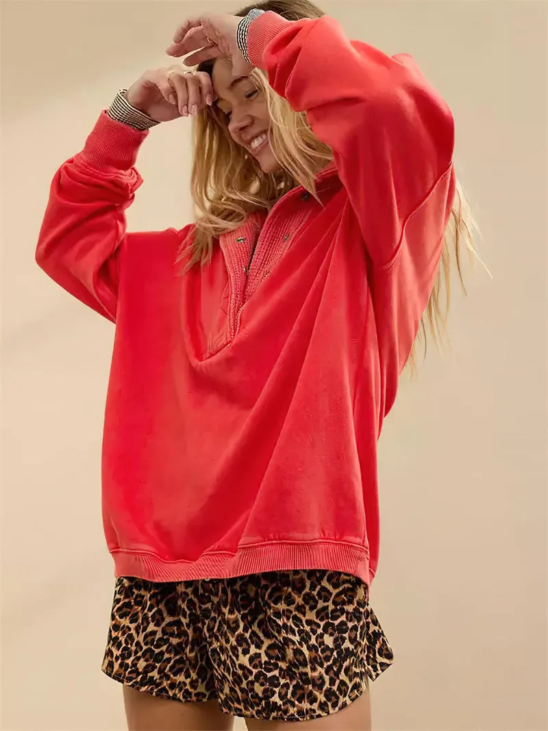 Chouyatou Women's Fashion V Neck Snap Button Long Sleeve Casual Loose Pullover Sweatshirt Activewear