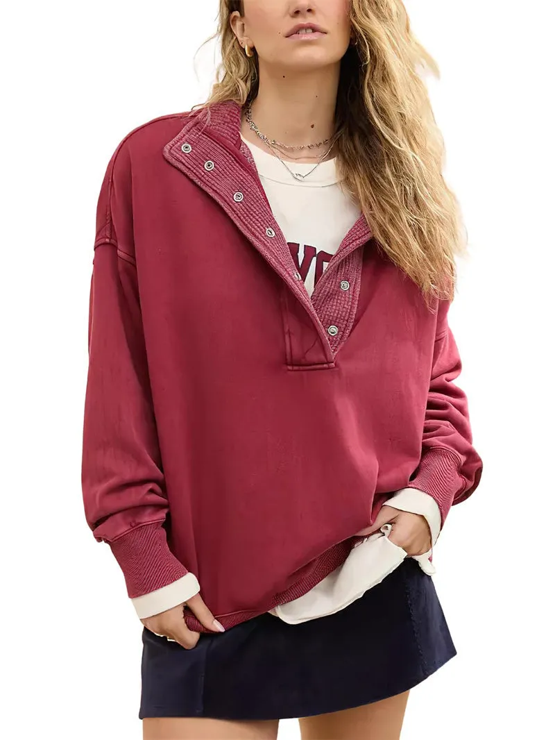 Chouyatou Women's Fashion V Neck Snap Button Long Sleeve Casual Loose Pullover Sweatshirt Activewear