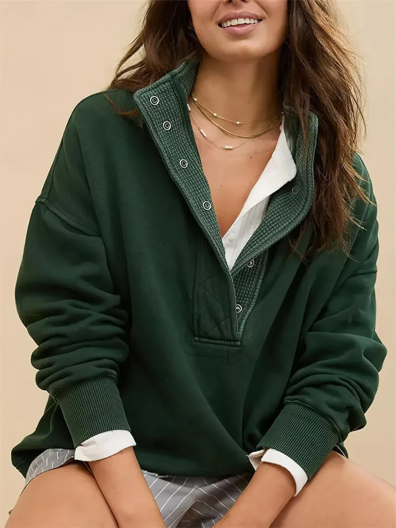 Chouyatou Women's Fashion V Neck Snap Button Long Sleeve Casual Loose Pullover Sweatshirt Activewear