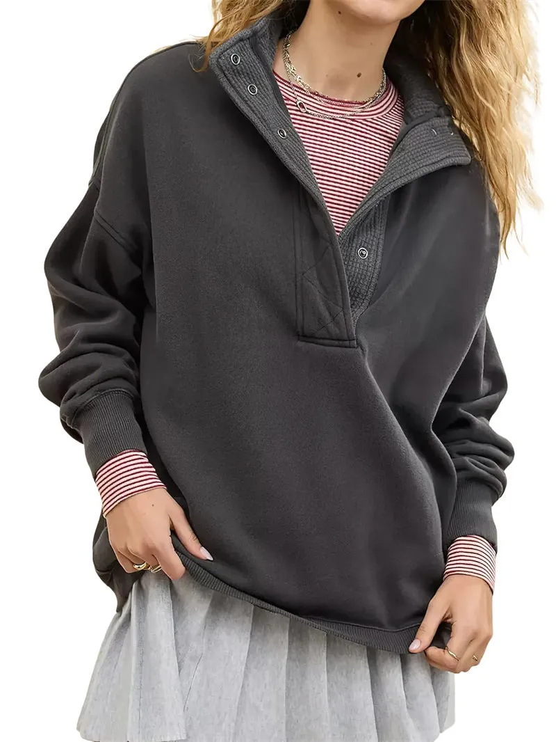 Chouyatou Women's Fashion V Neck Snap Button Long Sleeve Casual Loose Pullover Sweatshirt Activewear