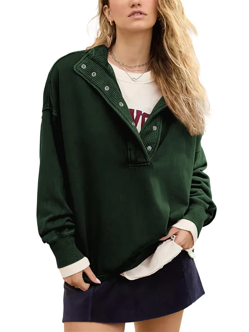 Chouyatou Women's Fashion V Neck Snap Button Long Sleeve Casual Loose Pullover Sweatshirt Activewear