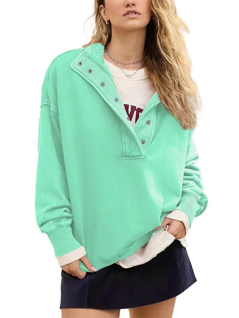 Chouyatou Women's Fashion V Neck Snap Button Long Sleeve Casual Loose Pullover Sweatshirt Activewear