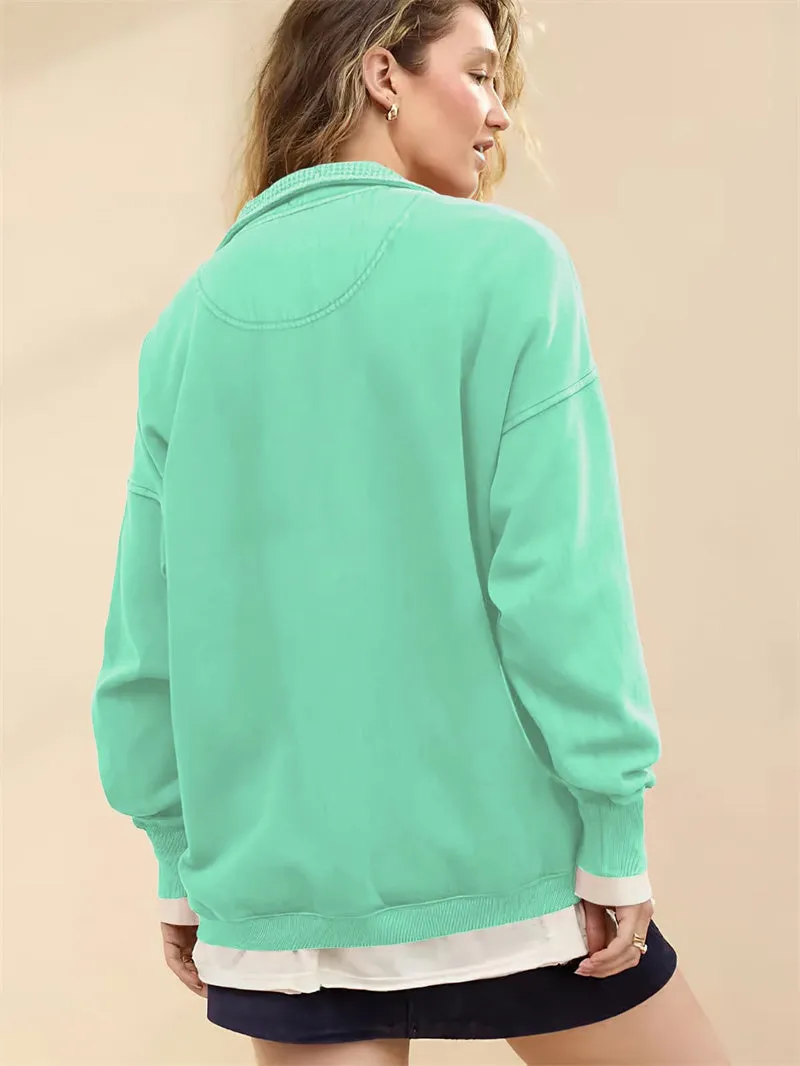 Chouyatou Women's Fashion V Neck Snap Button Long Sleeve Casual Loose Pullover Sweatshirt Activewear