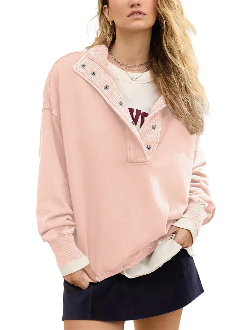Chouyatou Women's Fashion V Neck Snap Button Long Sleeve Casual Loose Pullover Sweatshirt Activewear