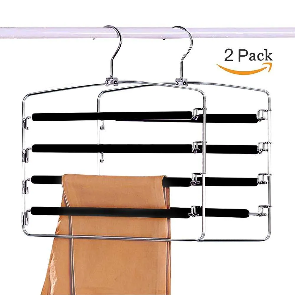 Clothes Pants Hangers 2 Pack, Sunblo Multi Layers Space Saving Slack Hangers, Non-Slip Foam Padded Metal Closet Storage Organizer for Jeans Trousers Skirts Scarf (Black)