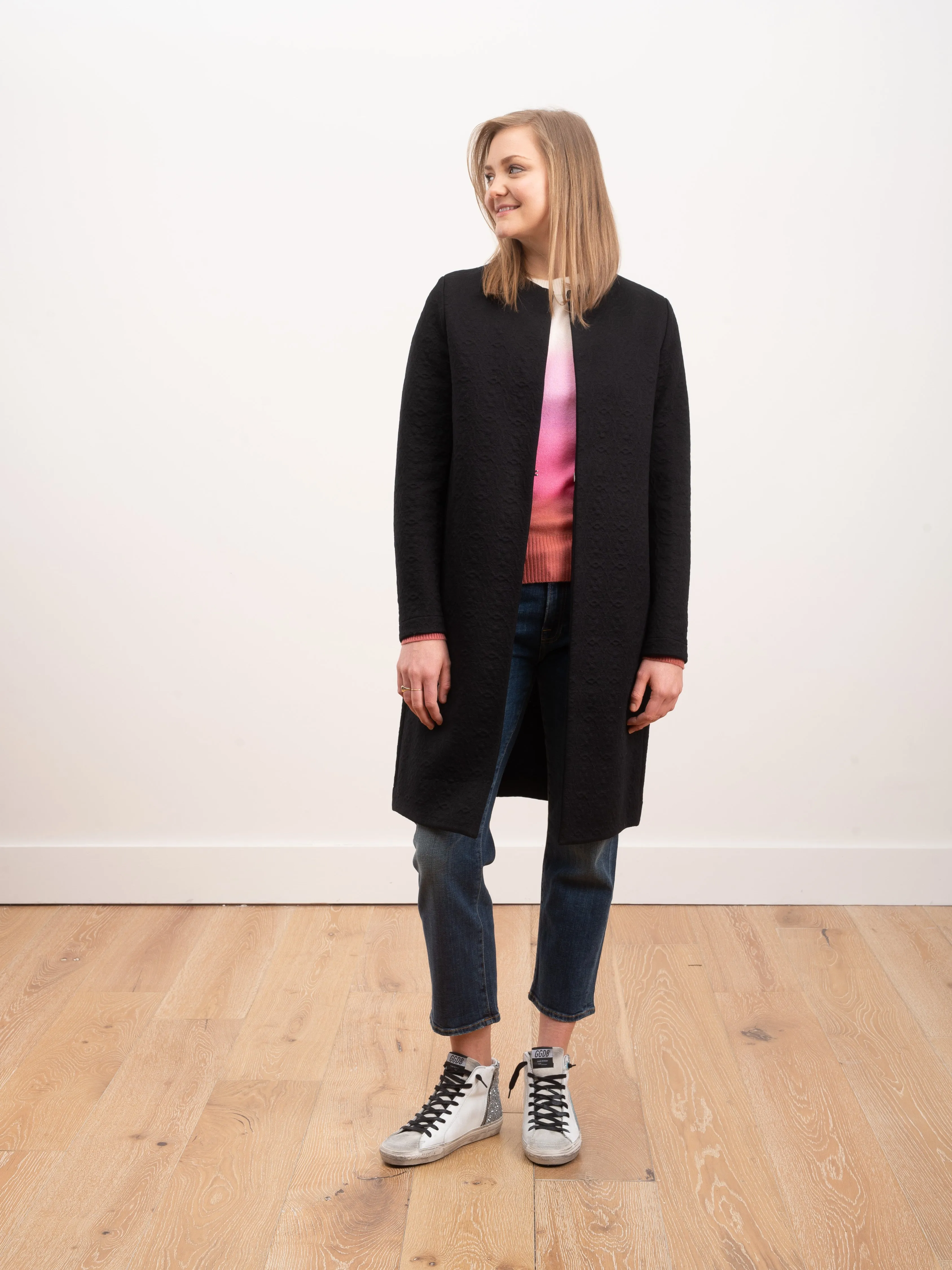 collarless coat matelassé - black