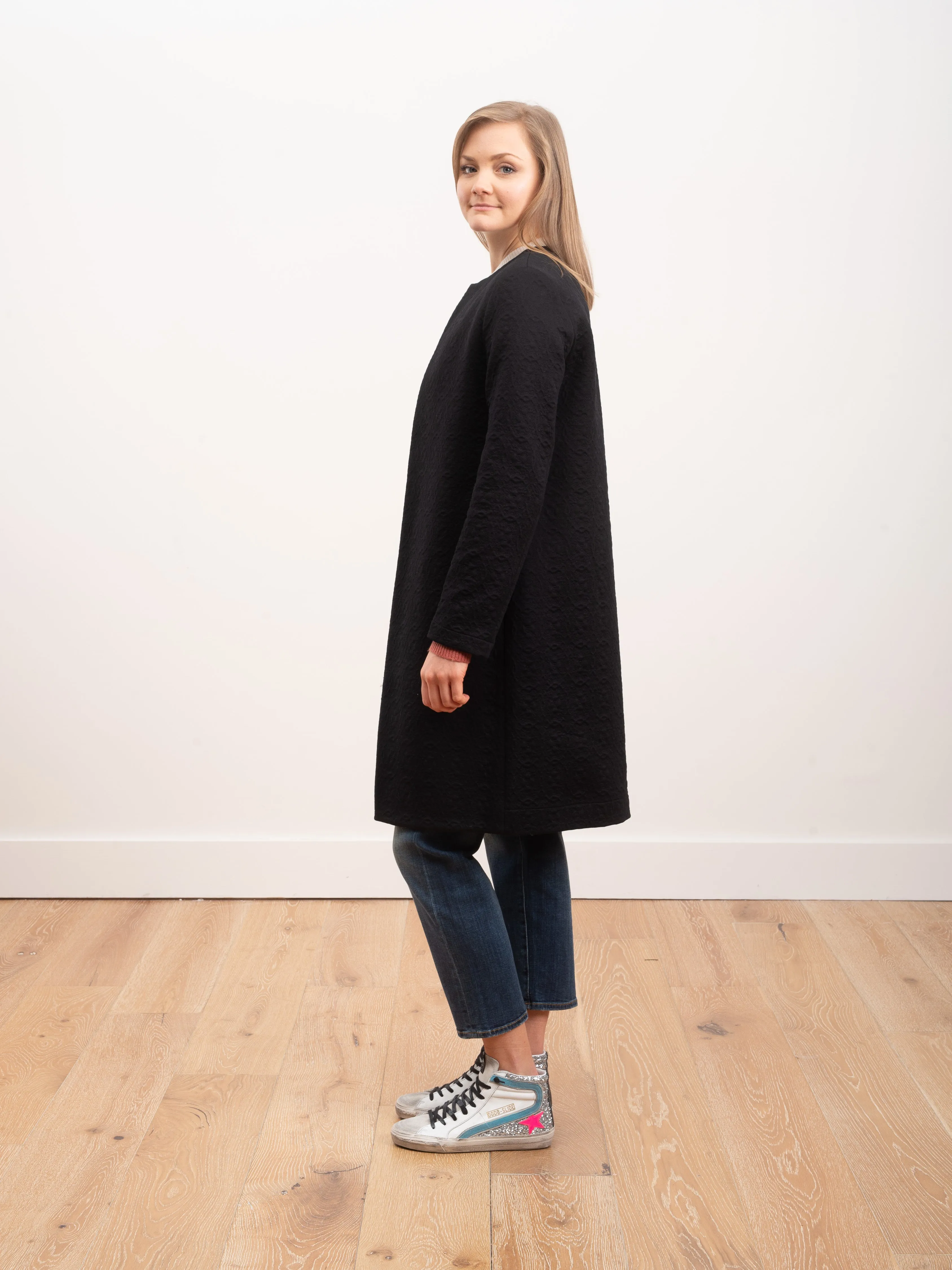 collarless coat matelassé - black