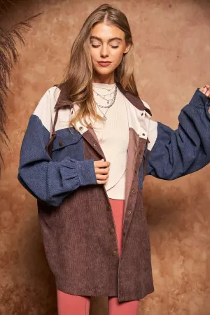 COLOR BLOCK BUTTON DOWN LONG SLEEVE HOODIE JACKET