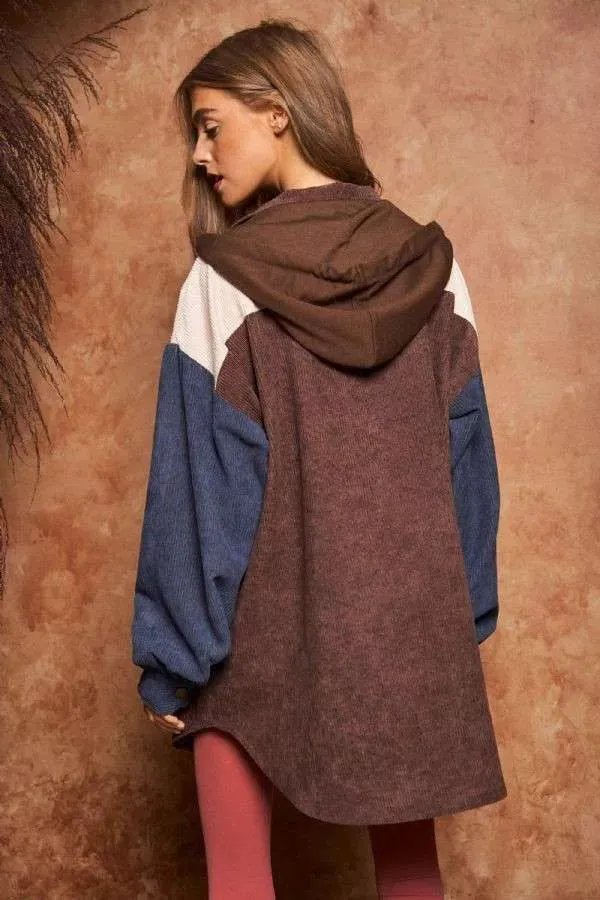 COLOR BLOCK BUTTON DOWN LONG SLEEVE HOODIE JACKET