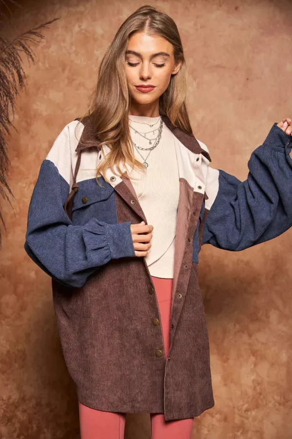 COLOR BLOCK BUTTON DOWN LONG SLEEVE HOODIE JACKET