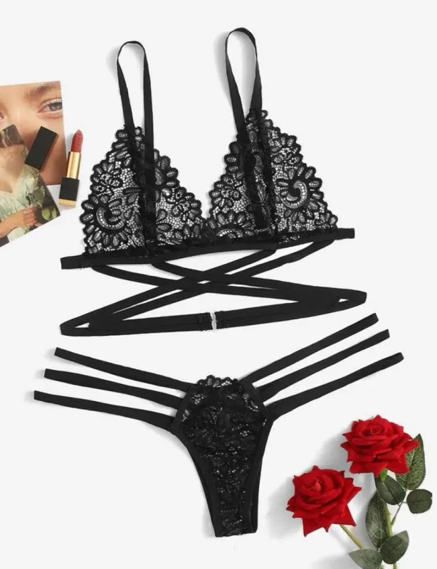 Criss-Cross Sheer Mesh Lingerie Set