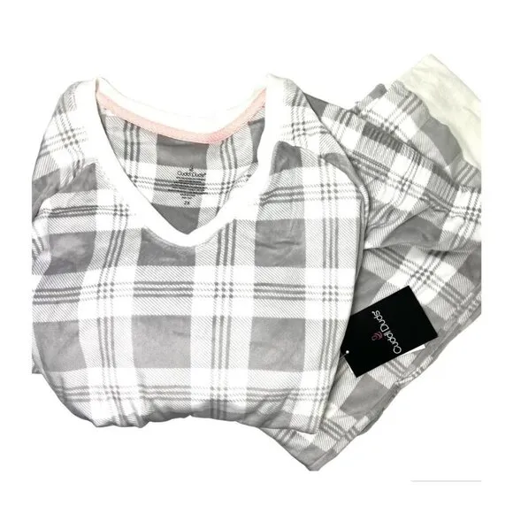 Cuddl Duds Womens Gray Plaid Velour V Neck Long Sleeve Pajama Set Plus Sz 2X NWT