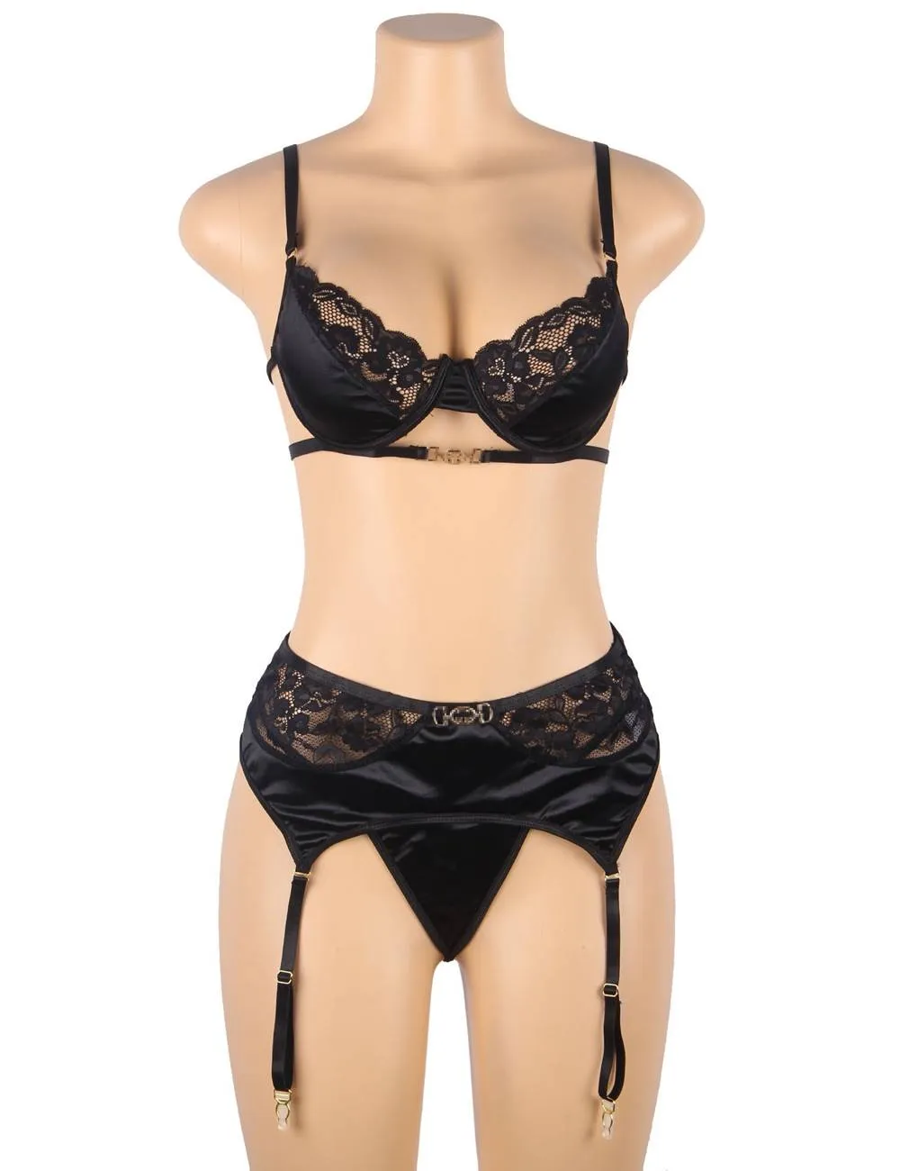 Delicate lace Stitching Exquisite metal buckle Bra And Garter Panty Set With Farawlaya