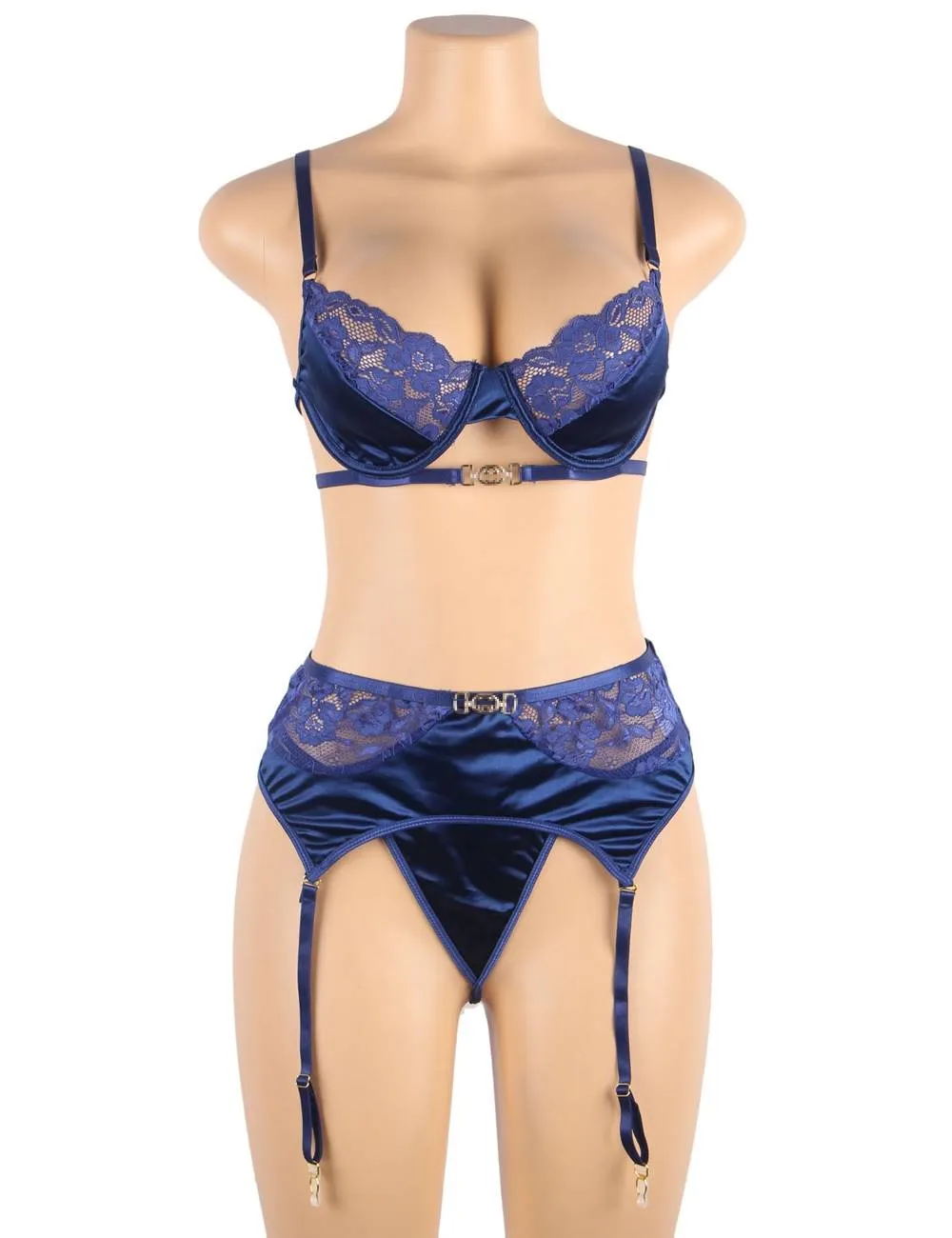 Delicate lace Stitching Exquisite metal buckle Bra And Garter Panty Set With Farawlaya