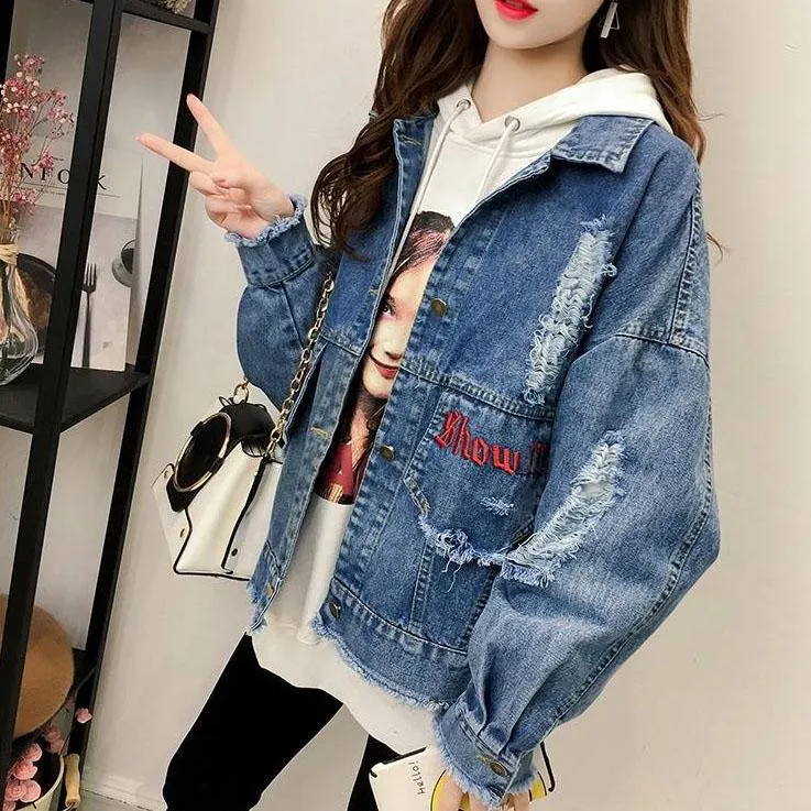 Denim Jacket Women Turn-Down Collar Jean Coat Streetwear Harajuku Vintage Autumn Basic Coats