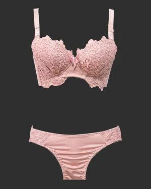 Designer Pushup Bra Panty Set Pink For Bridals - Doubble Padded Underwired - Fancy Bra Panty Set