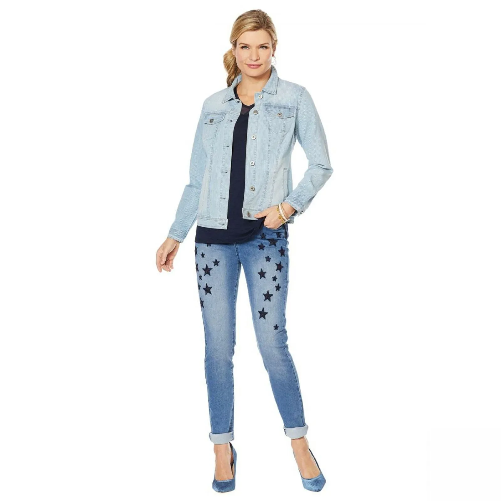 DG2 by Diane Gilman Women's Pinstripe Stretch Denim Jacket