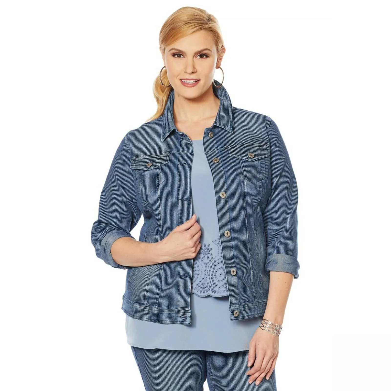 DG2 by Diane Gilman Women's Pinstripe Stretch Denim Jacket