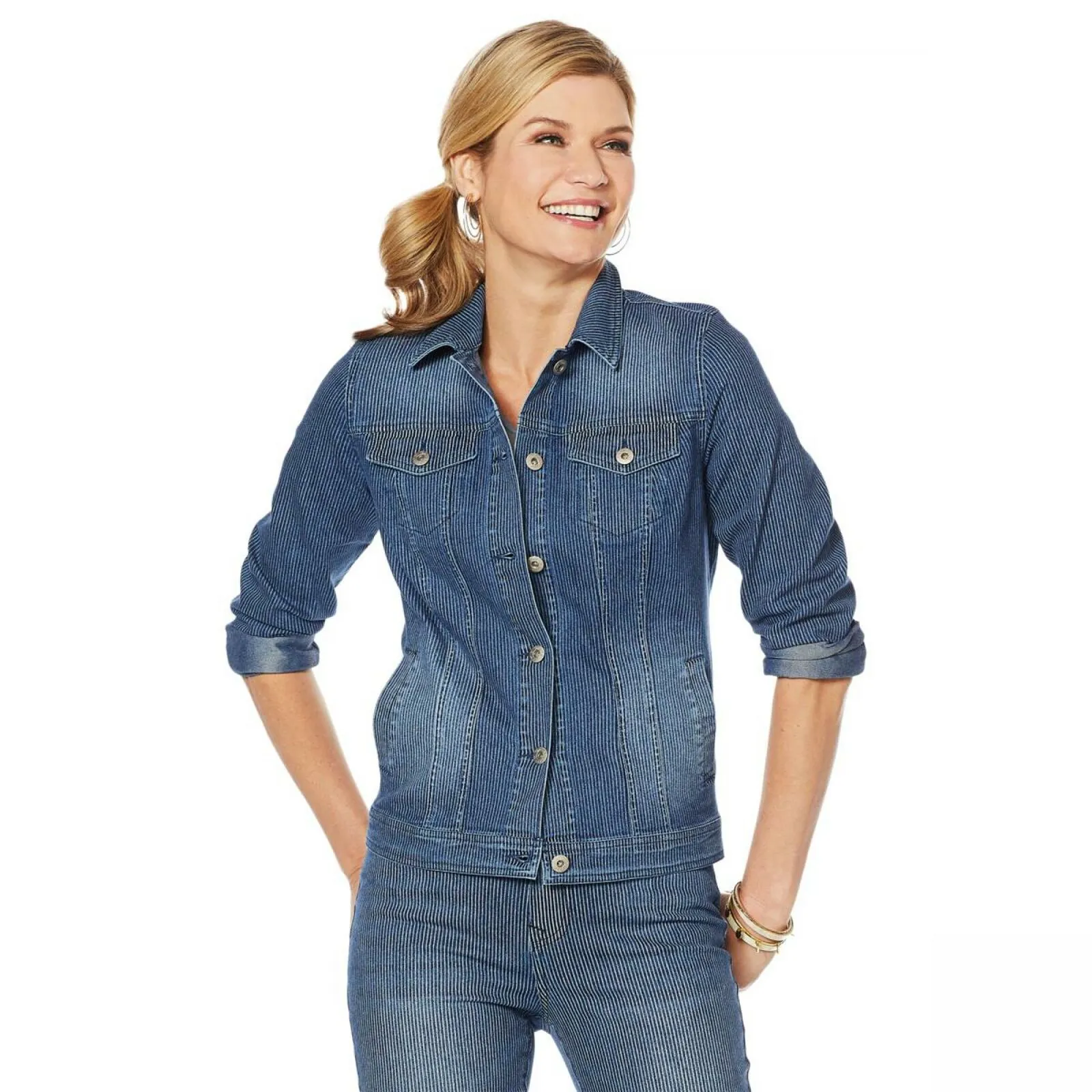 DG2 by Diane Gilman Women's Pinstripe Stretch Denim Jacket