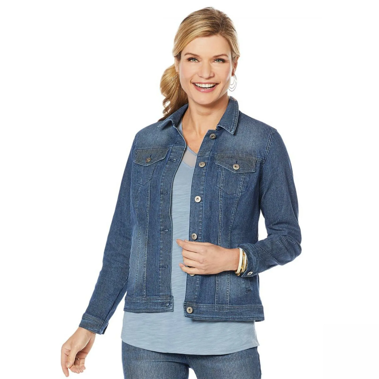 DG2 by Diane Gilman Women's Pinstripe Stretch Denim Jacket