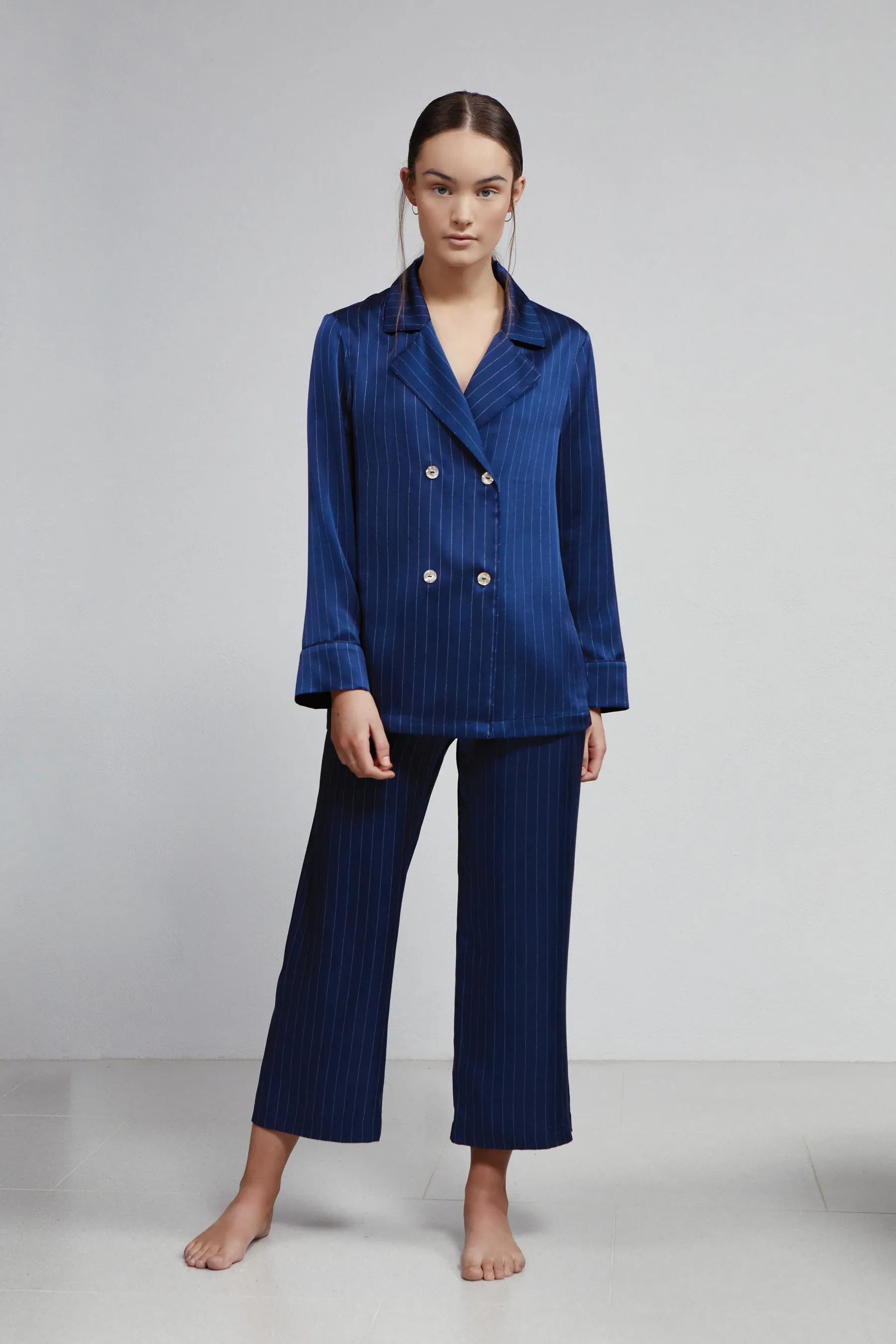 double breasted l/slv top, navy pinstripe