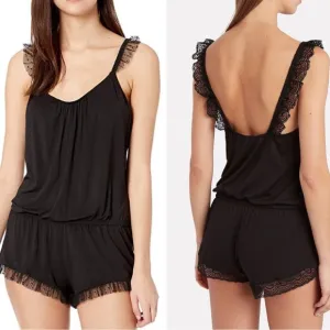 Eberjey Cecilia Enchanted Teddy sleep romper black modal lace trim lounge pajama