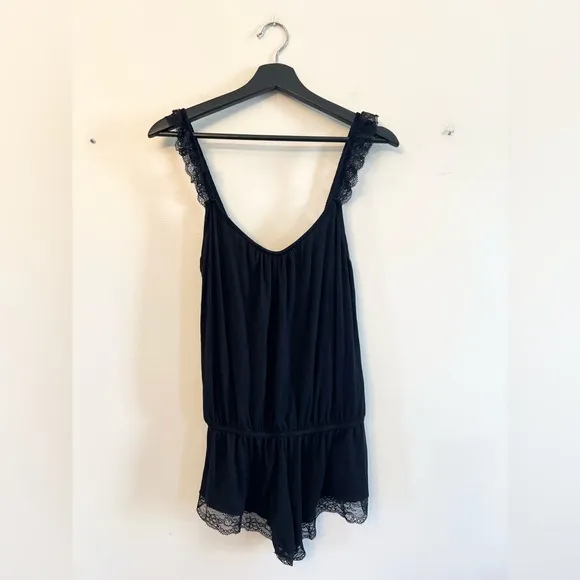 Eberjey Cecilia Enchanted Teddy sleep romper black modal lace trim lounge pajama