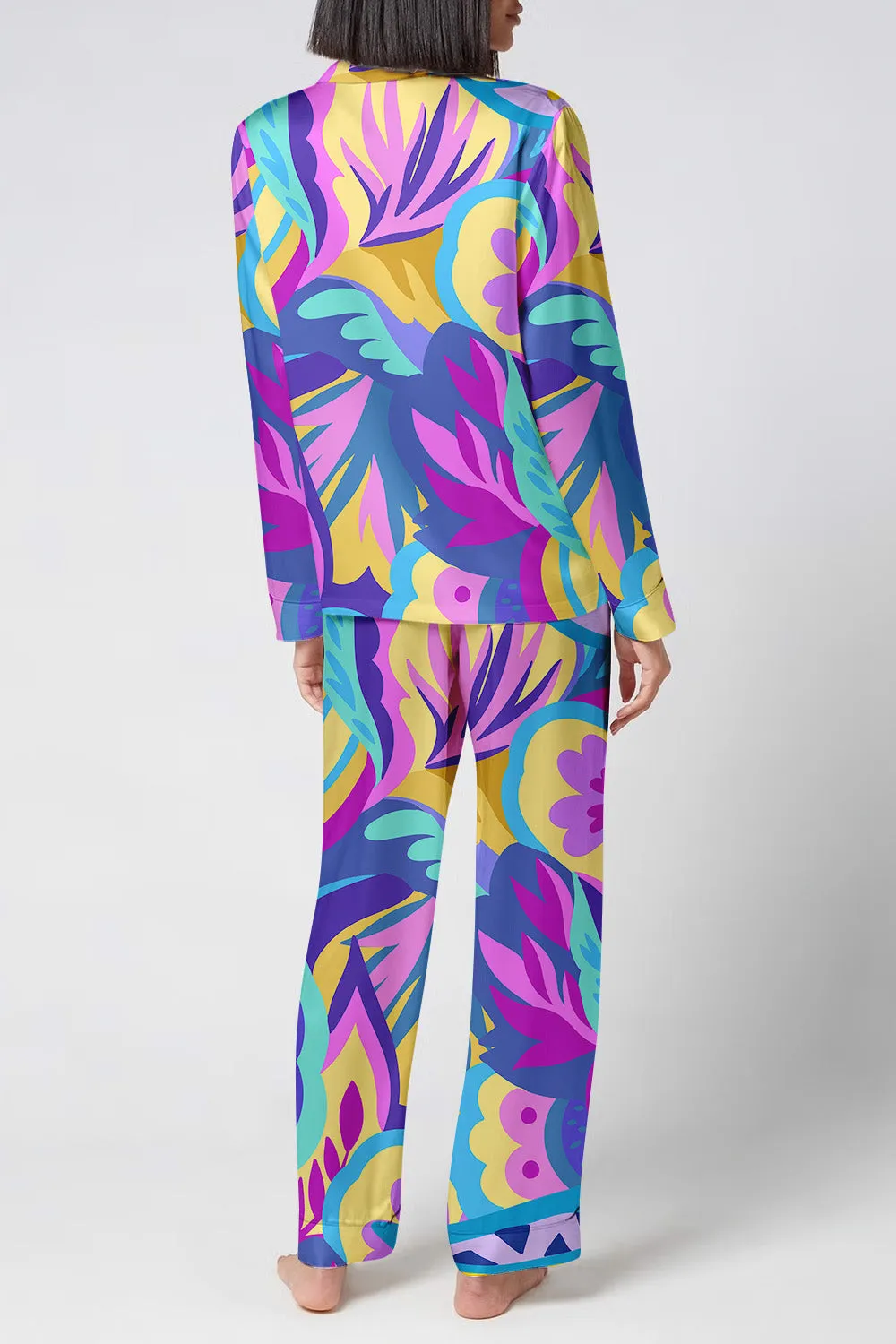 Electric Bloom – Retro Floral Print Satin Pajama Set