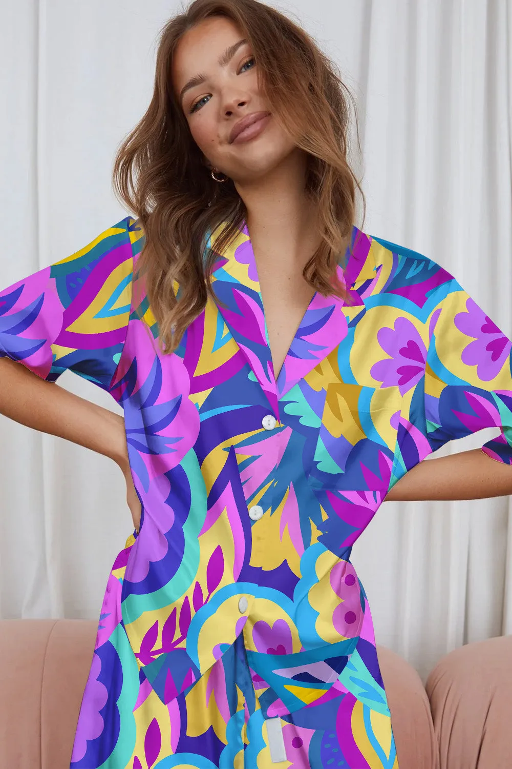 Electric Bloom – Retro Floral Print Satin Pajama Set
