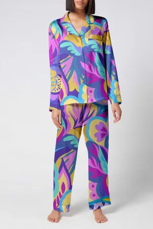 Electric Bloom – Retro Floral Print Satin Pajama Set