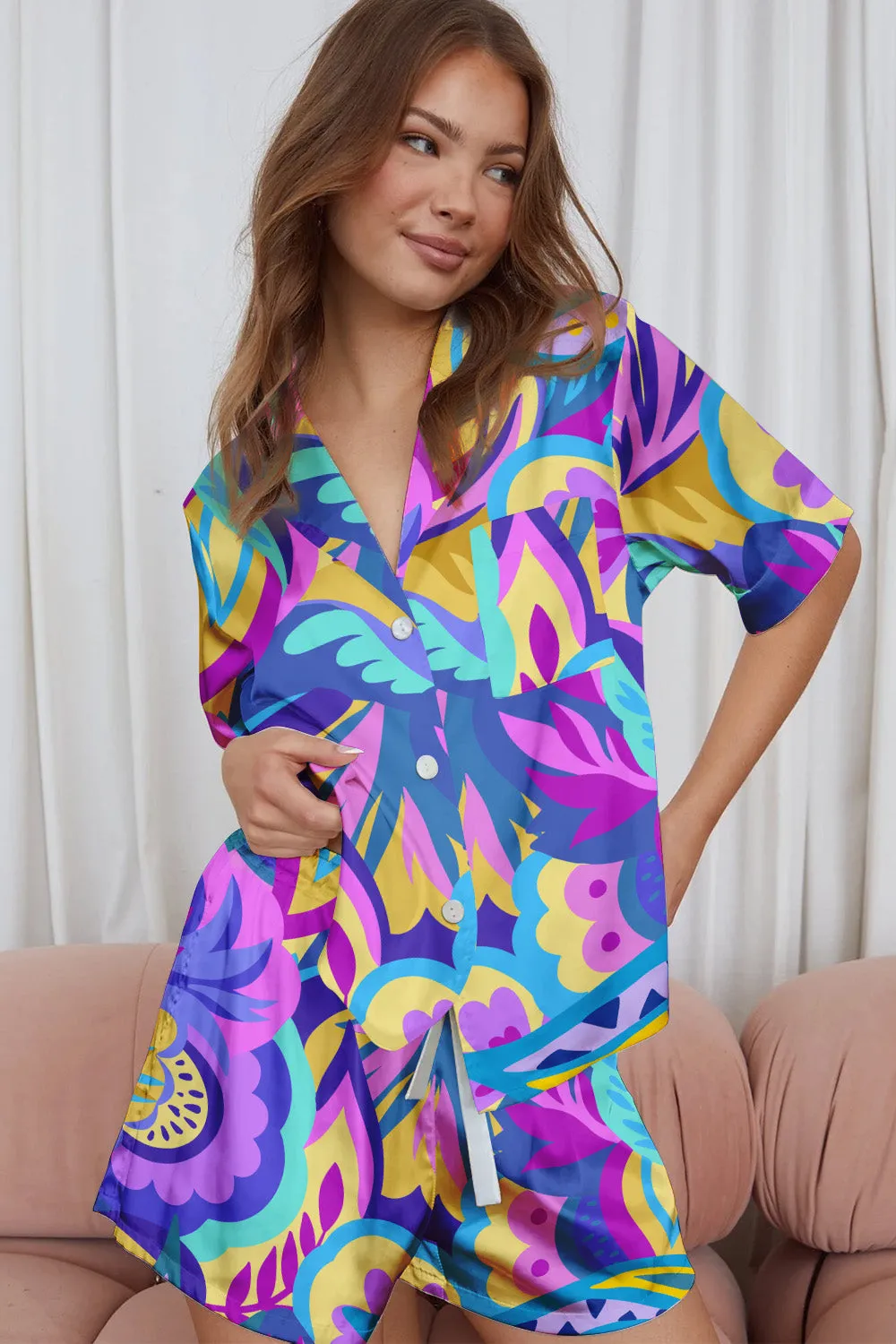 Electric Bloom – Retro Floral Print Satin Pajama Set