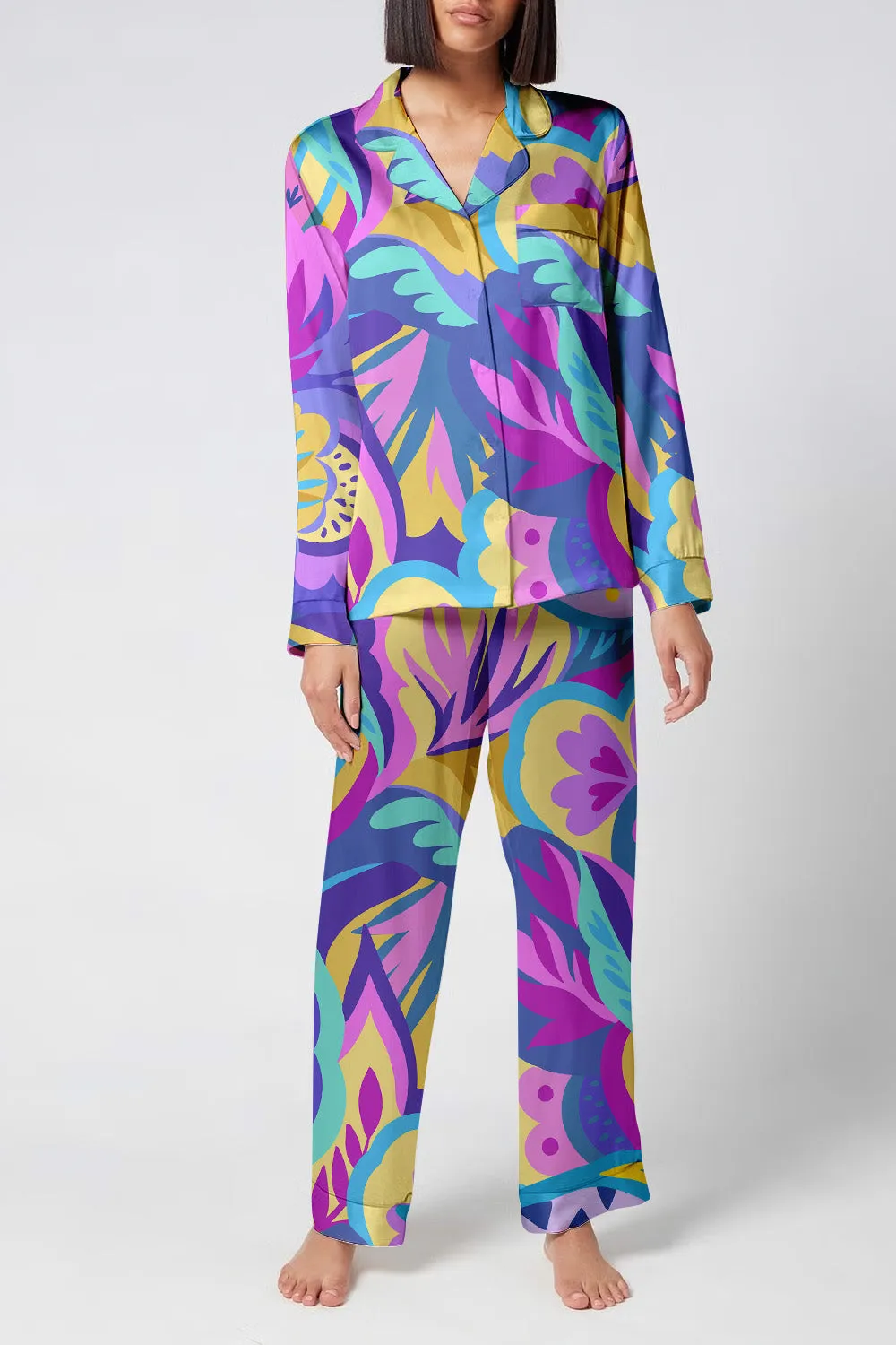 Electric Bloom – Retro Floral Print Satin Pajama Set