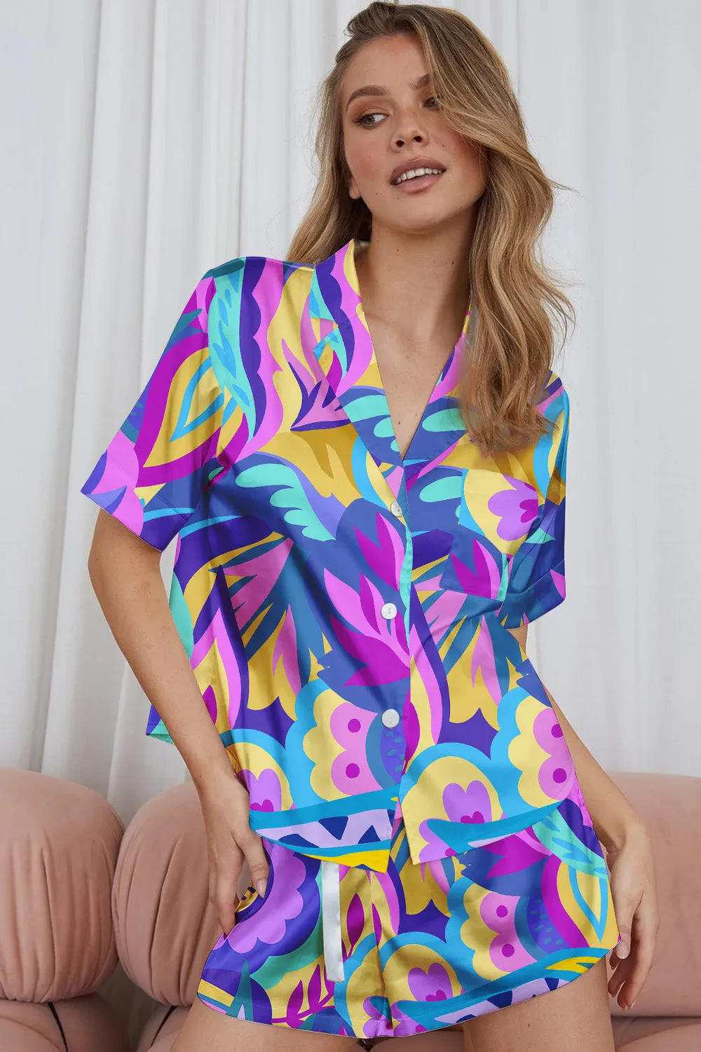 Electric Bloom – Retro Floral Print Satin Pajama Set