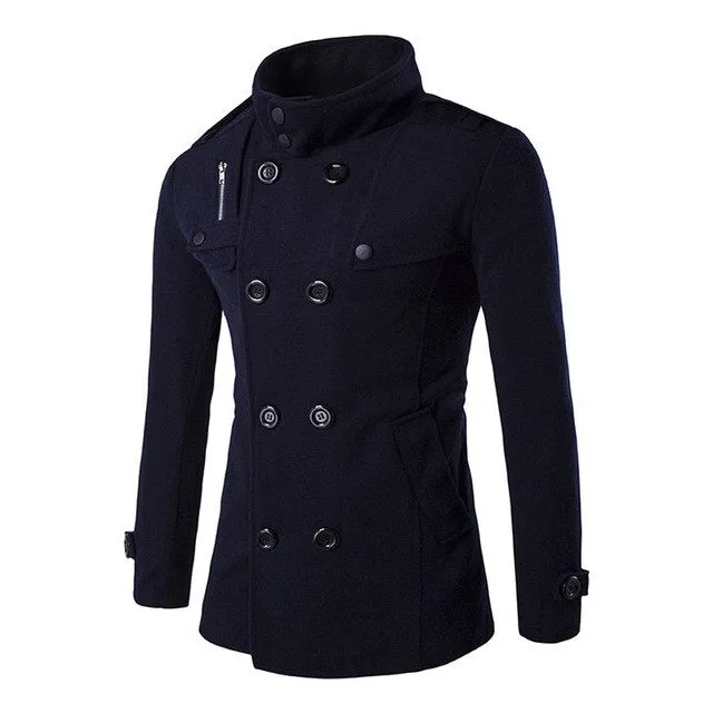 England Style Men Autumn Winter Double Breasted Button Stand Collar Woolen Coat Fashion Business Man Long Wool Blends Outerwear