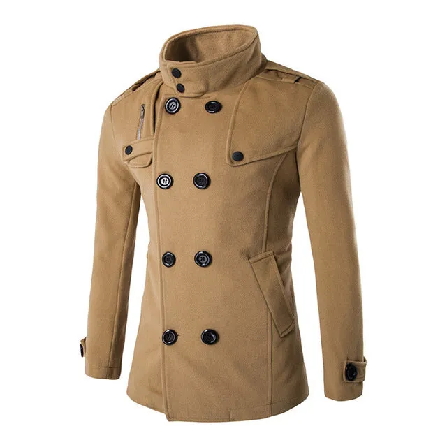 England Style Men Autumn Winter Double Breasted Button Stand Collar Woolen Coat Fashion Business Man Long Wool Blends Outerwear
