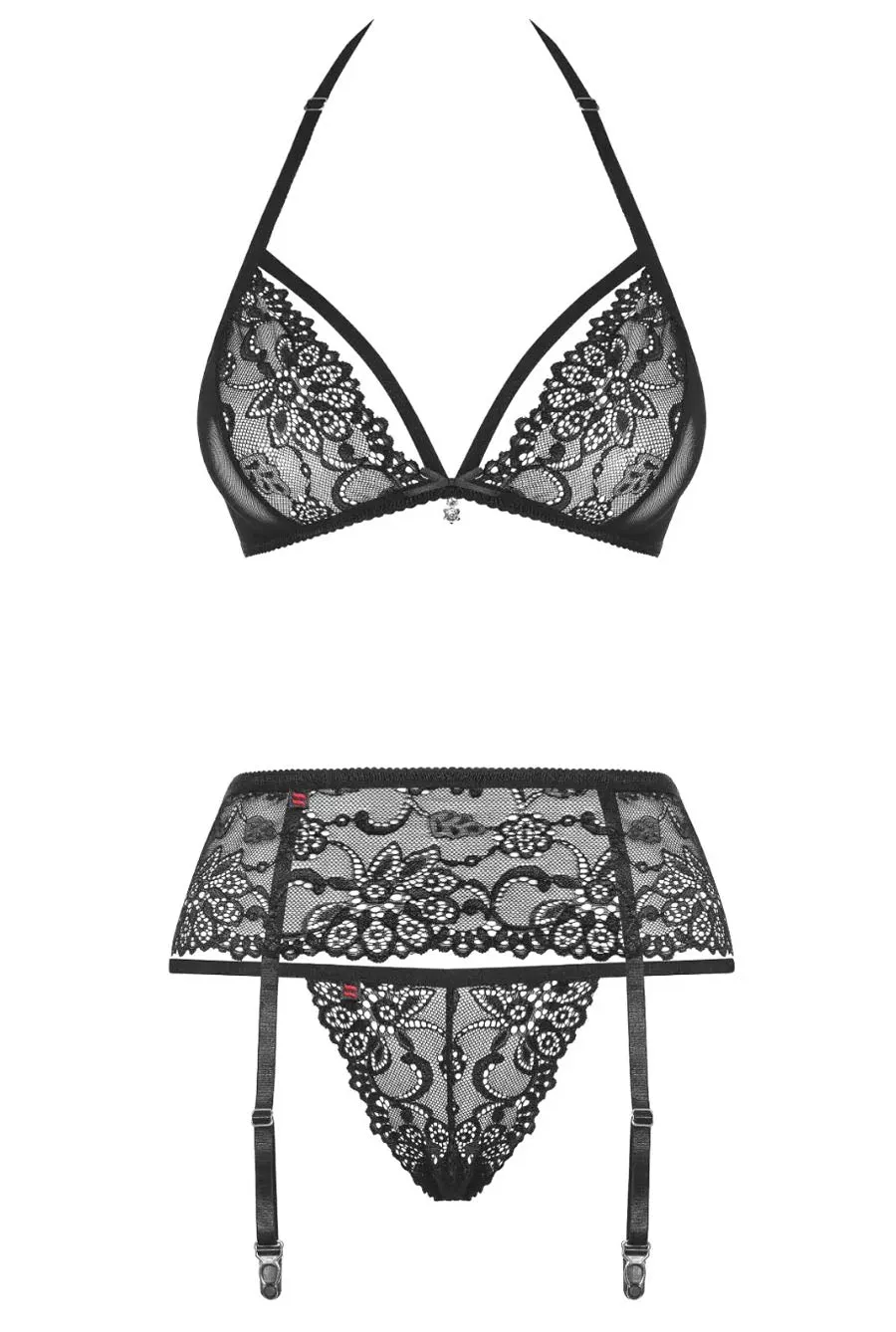 European Black Lace Tri Bra & Garter Belt Set