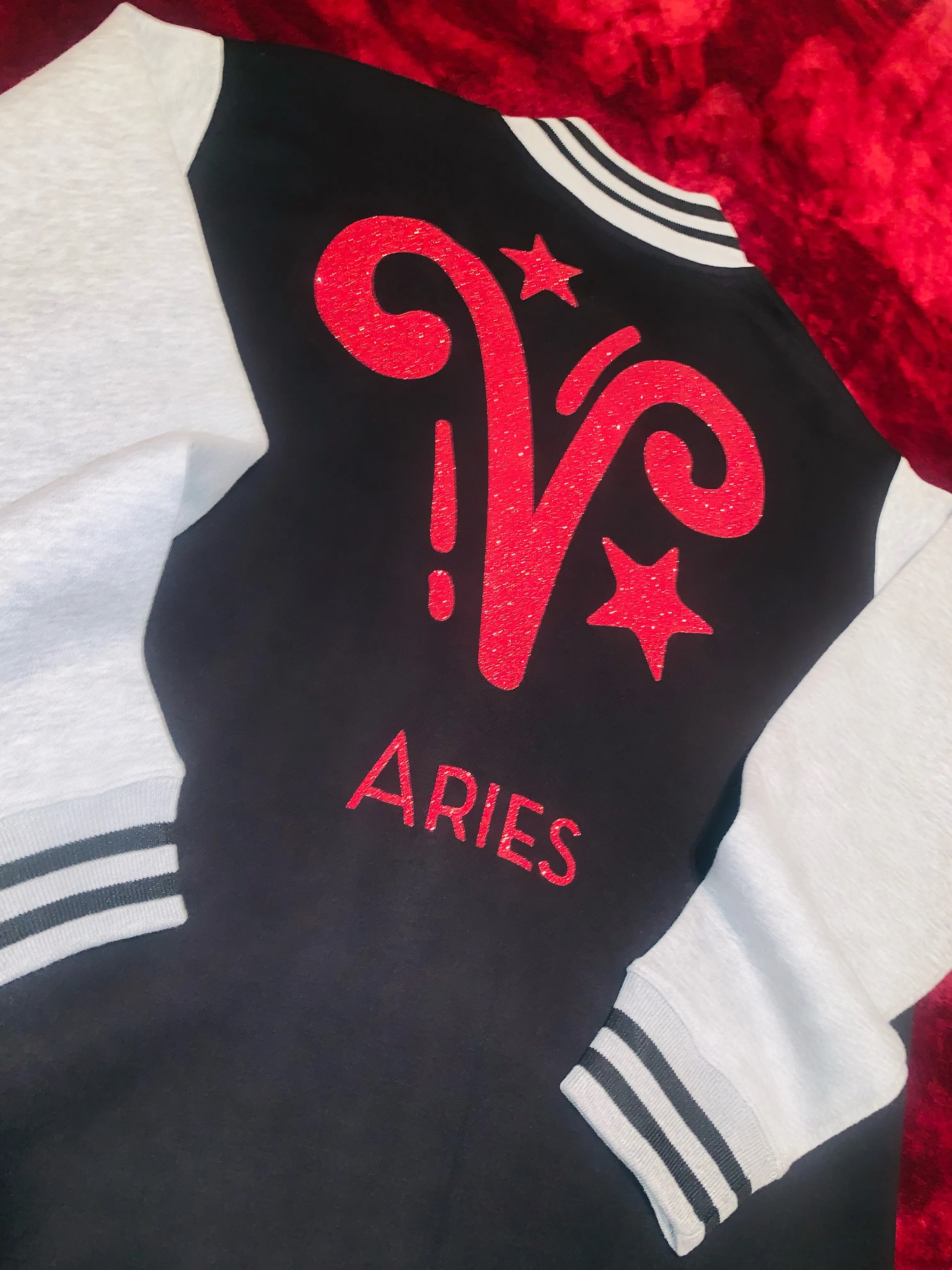 Fallon Aurielle Unisex Signature Aries Logo & Name Zodiac Jacket (Black, Light Gray & Red Sparkle)