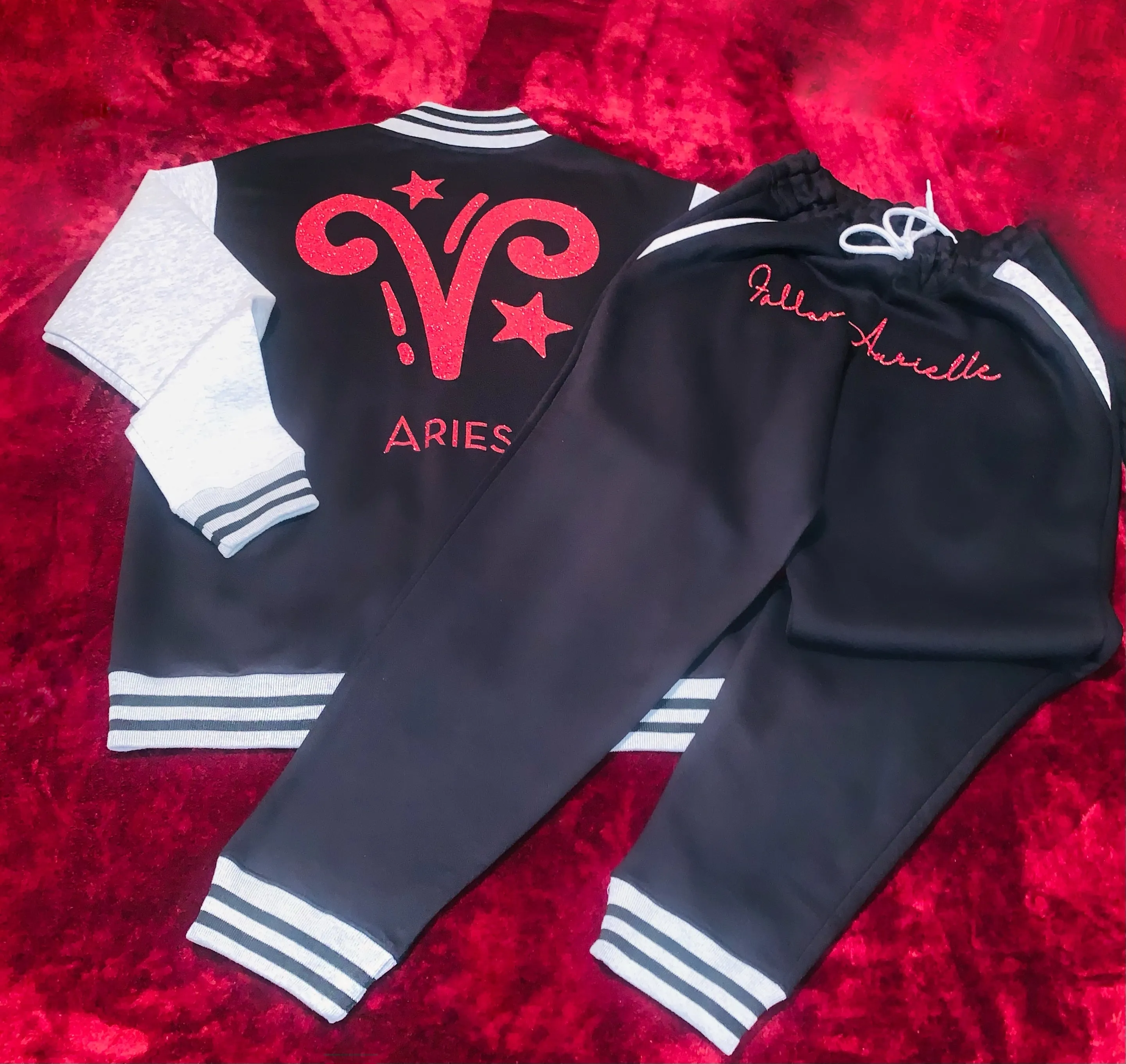 Fallon Aurielle Unisex Signature Aries Logo & Name Zodiac Jacket (Black, Light Gray & Red Sparkle)