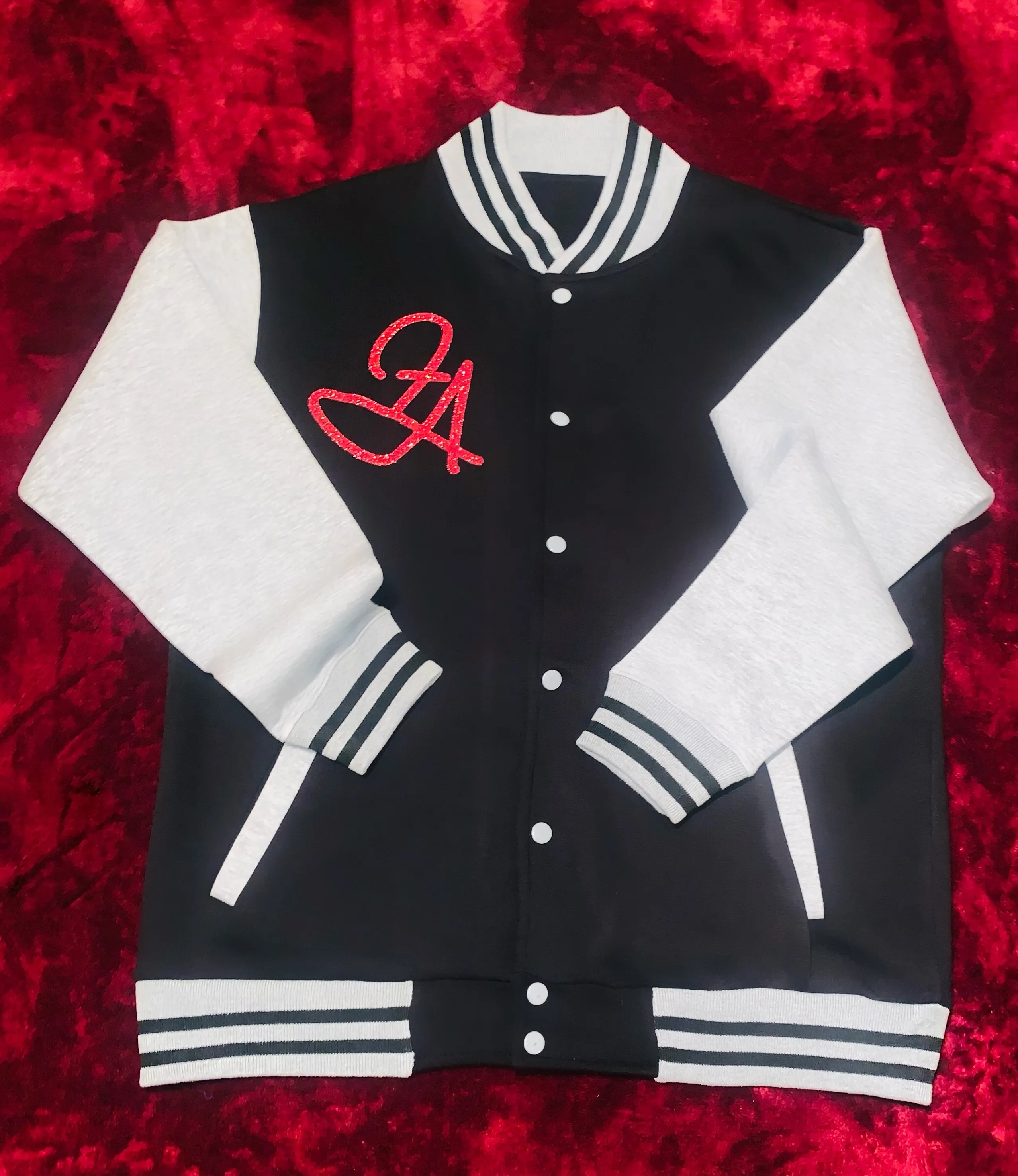 Fallon Aurielle Unisex Signature Aries Logo & Name Zodiac Jacket (Black, Light Gray & Red Sparkle)