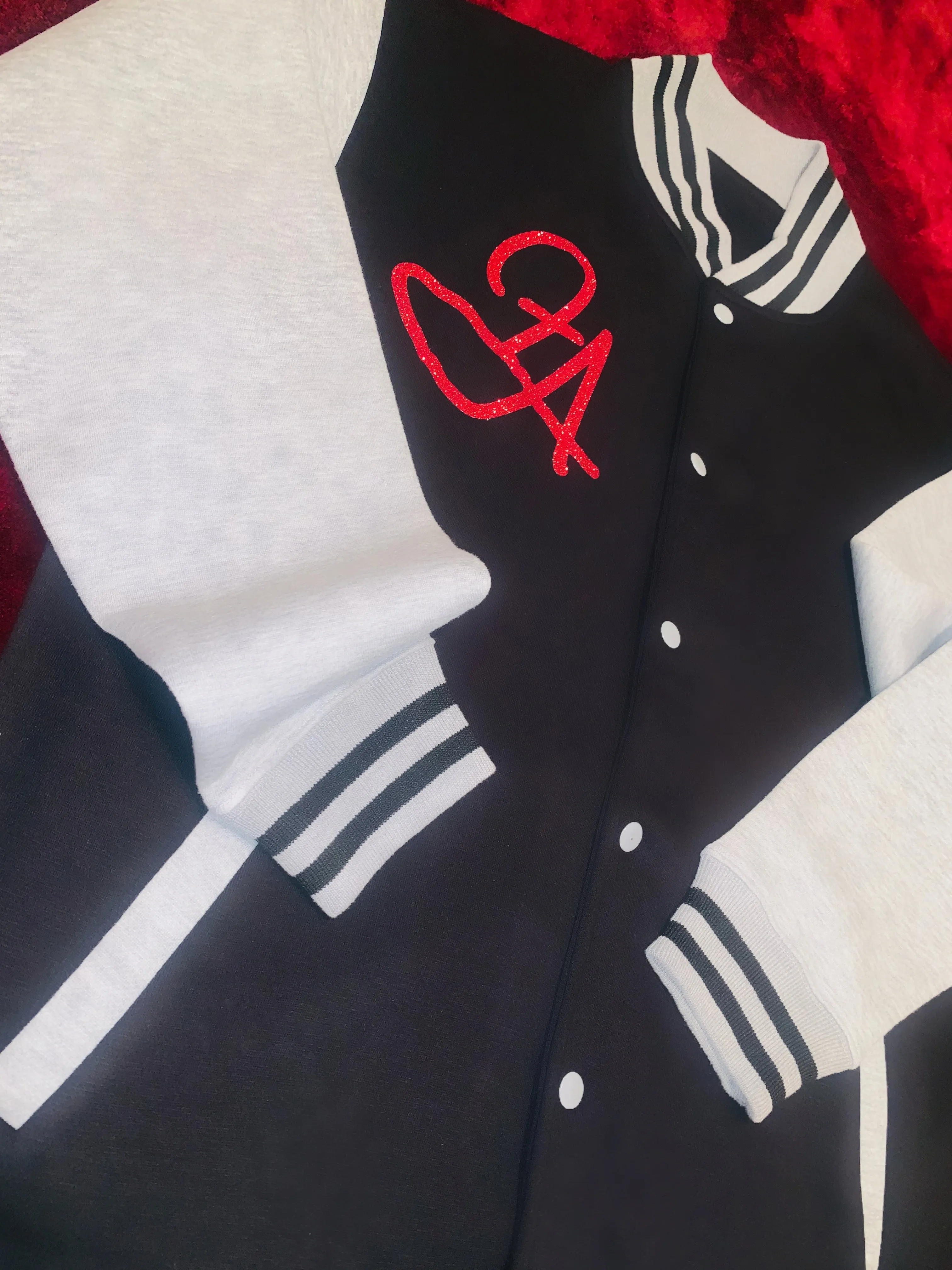 Fallon Aurielle Unisex Signature Aries Logo & Name Zodiac Jacket (Black, Light Gray & Red Sparkle)