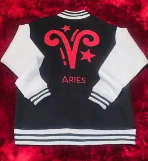 Fallon Aurielle Unisex Signature Aries Logo & Name Zodiac Jacket (Black, Light Gray & Red Sparkle)