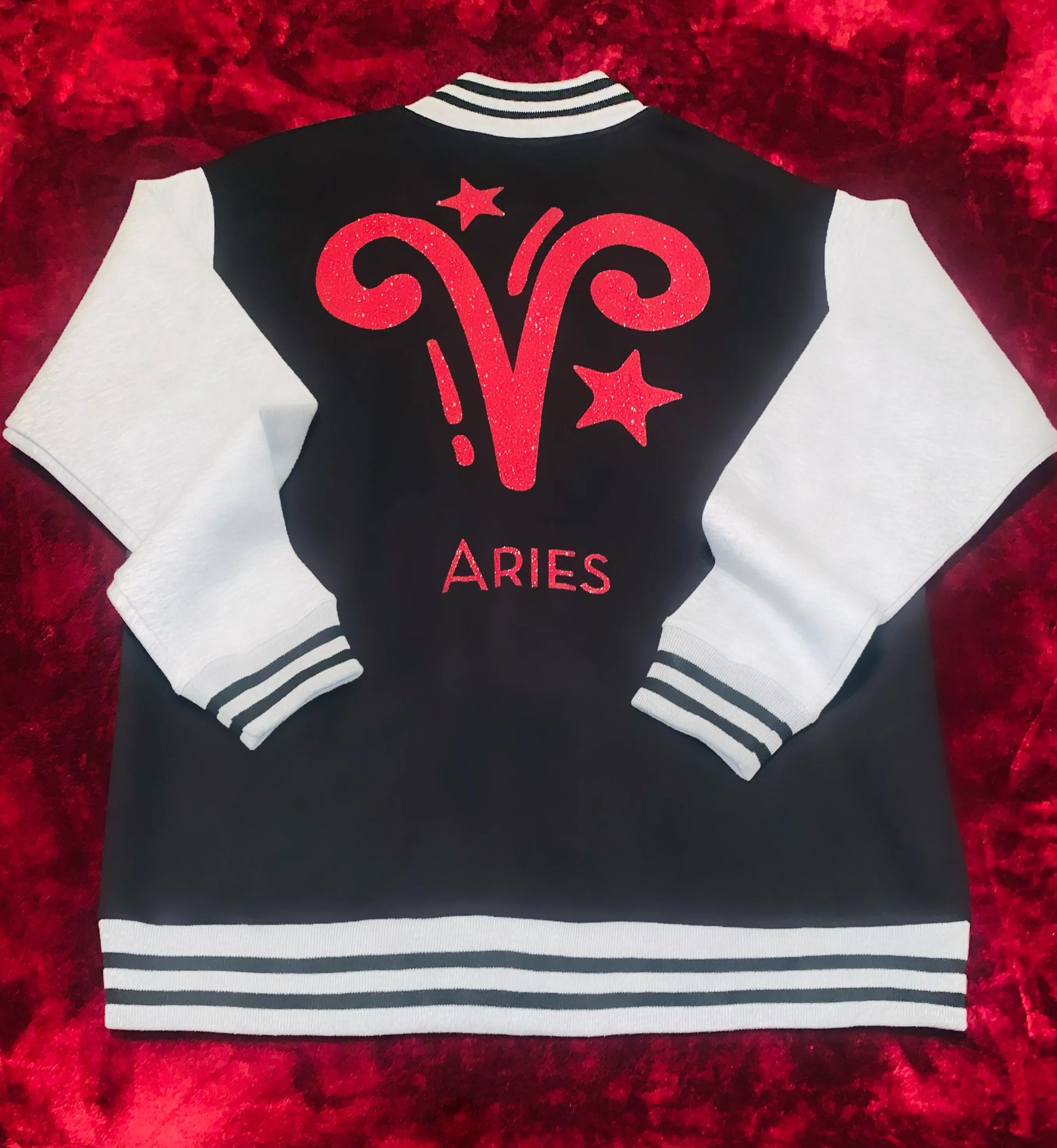 Fallon Aurielle Unisex Signature Aries Logo & Name Zodiac Jacket (Black, Light Gray & Red Sparkle)