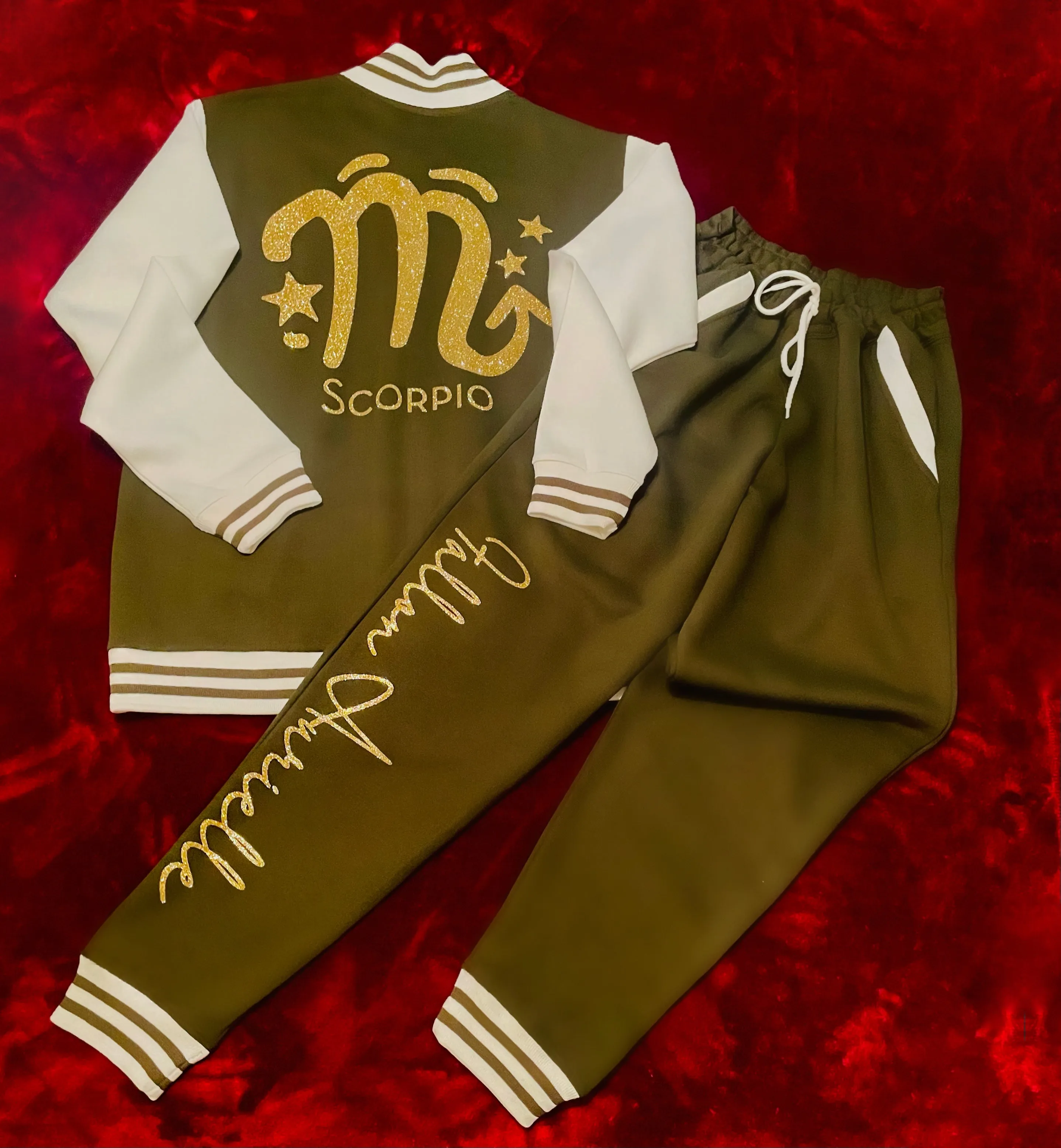 Fallon Aurielle Unisex Signature Scorpio  Logo & Name Zodiac Jacket (Olive Green, Gold & Cream)