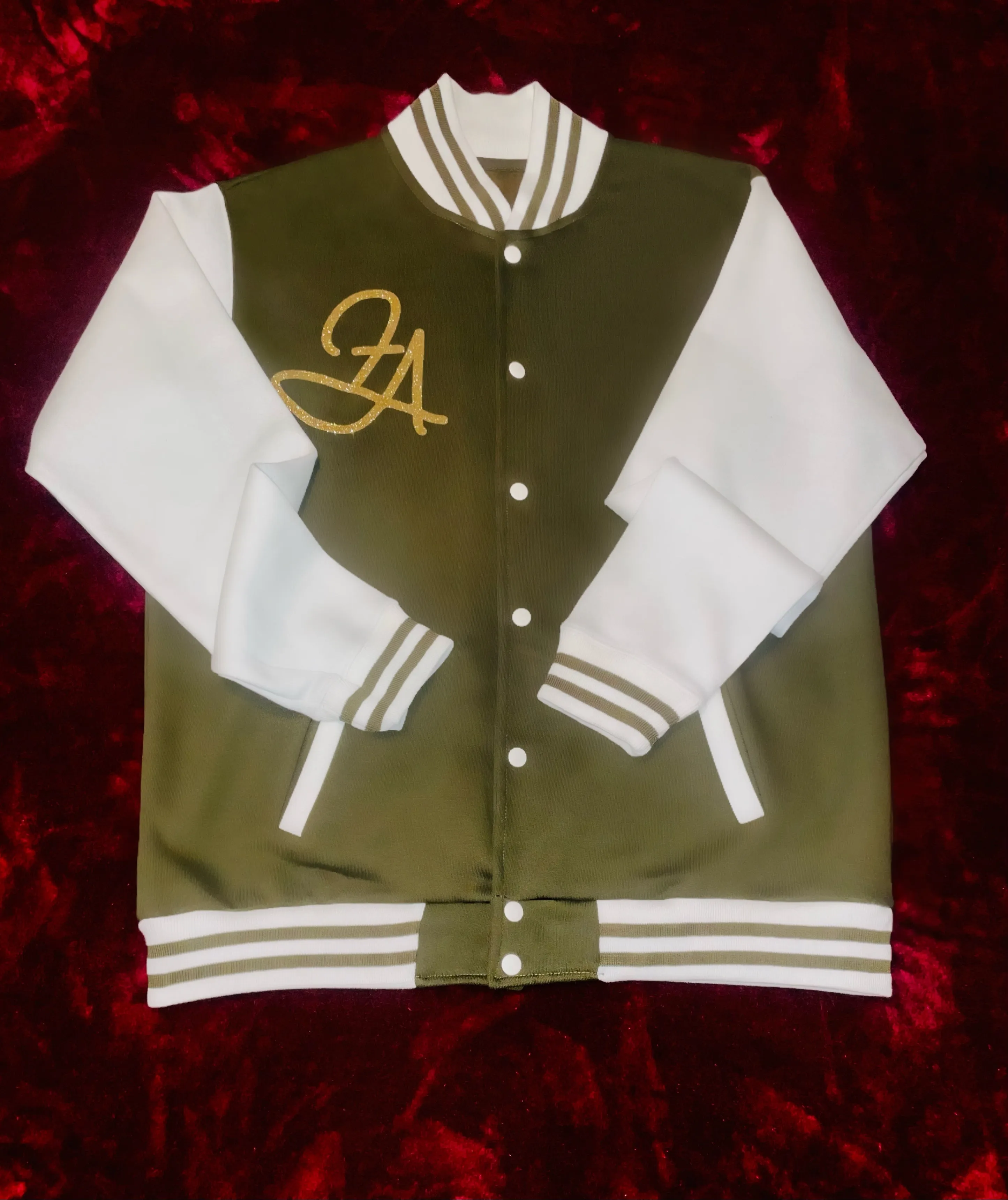 Fallon Aurielle Unisex Signature Scorpio  Logo & Name Zodiac Jacket (Olive Green, Gold & Cream)