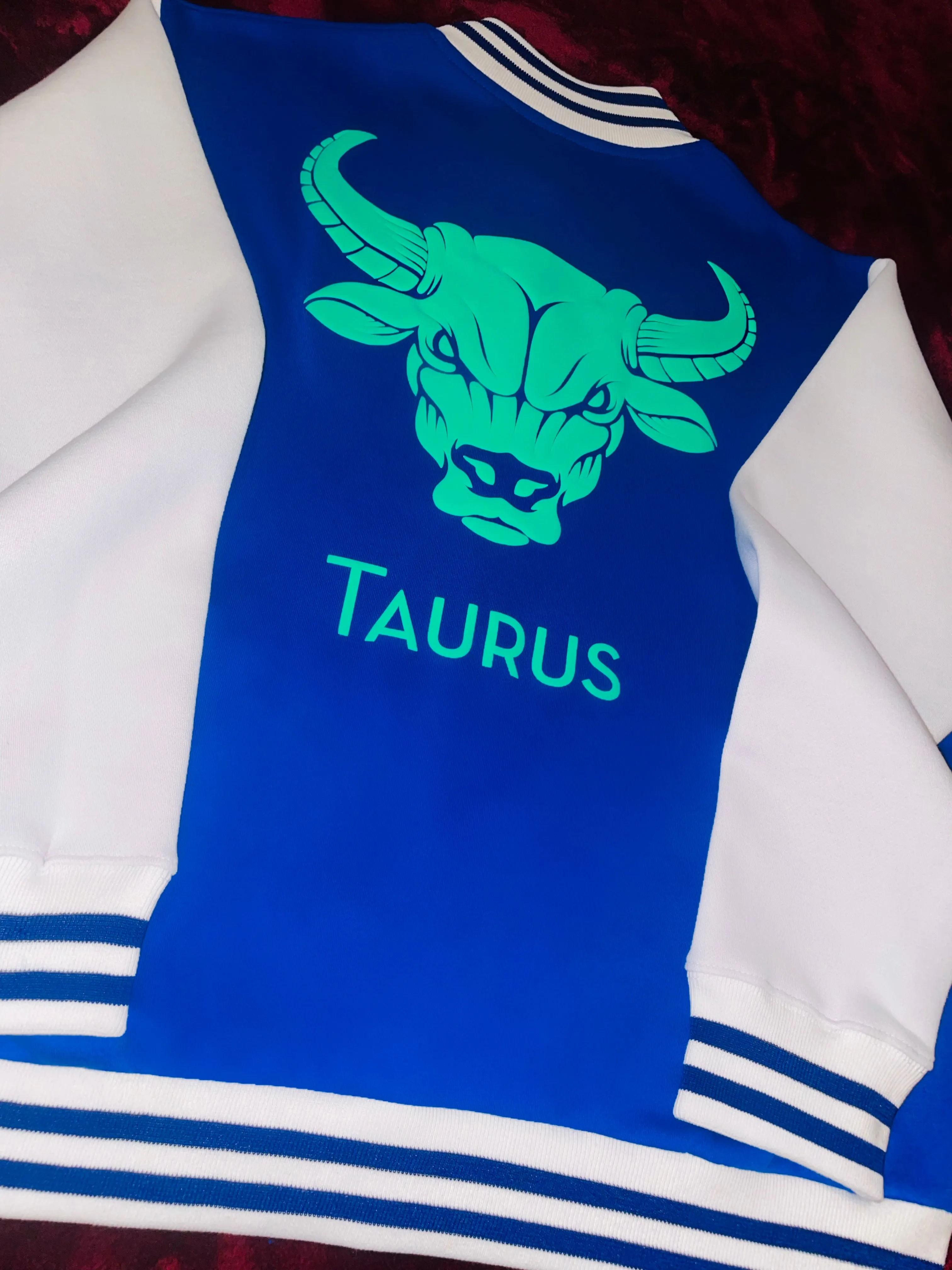 Fallon Aurielle Unisex Signature Taurus Bull Logo & Name Zodiac Jacket (Royal Blue, White & Lime Green)