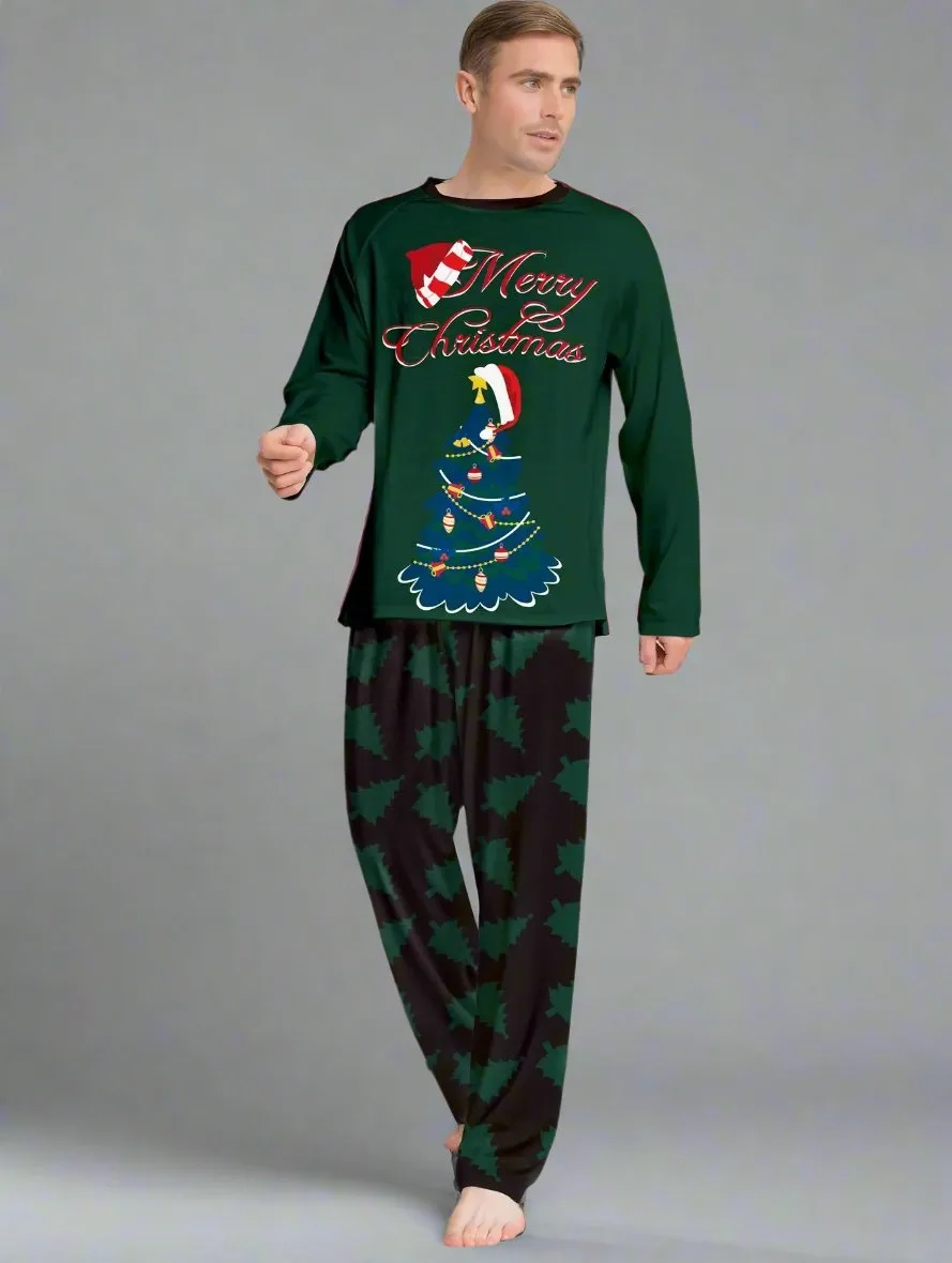 Family Matching Christmas Pajama Set - Merry Christmas Tree Print in Festive Green and Black for Holiday Gatherings