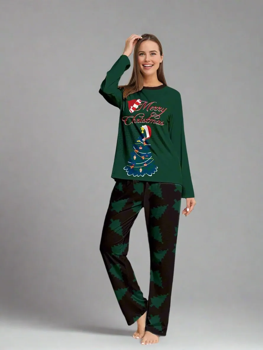 Family Matching Christmas Pajama Set - Merry Christmas Tree Print in Festive Green and Black for Holiday Gatherings