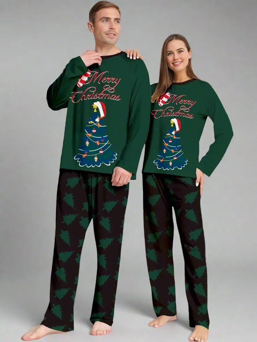 Family Matching Christmas Pajama Set - Merry Christmas Tree Print in Festive Green and Black for Holiday Gatherings