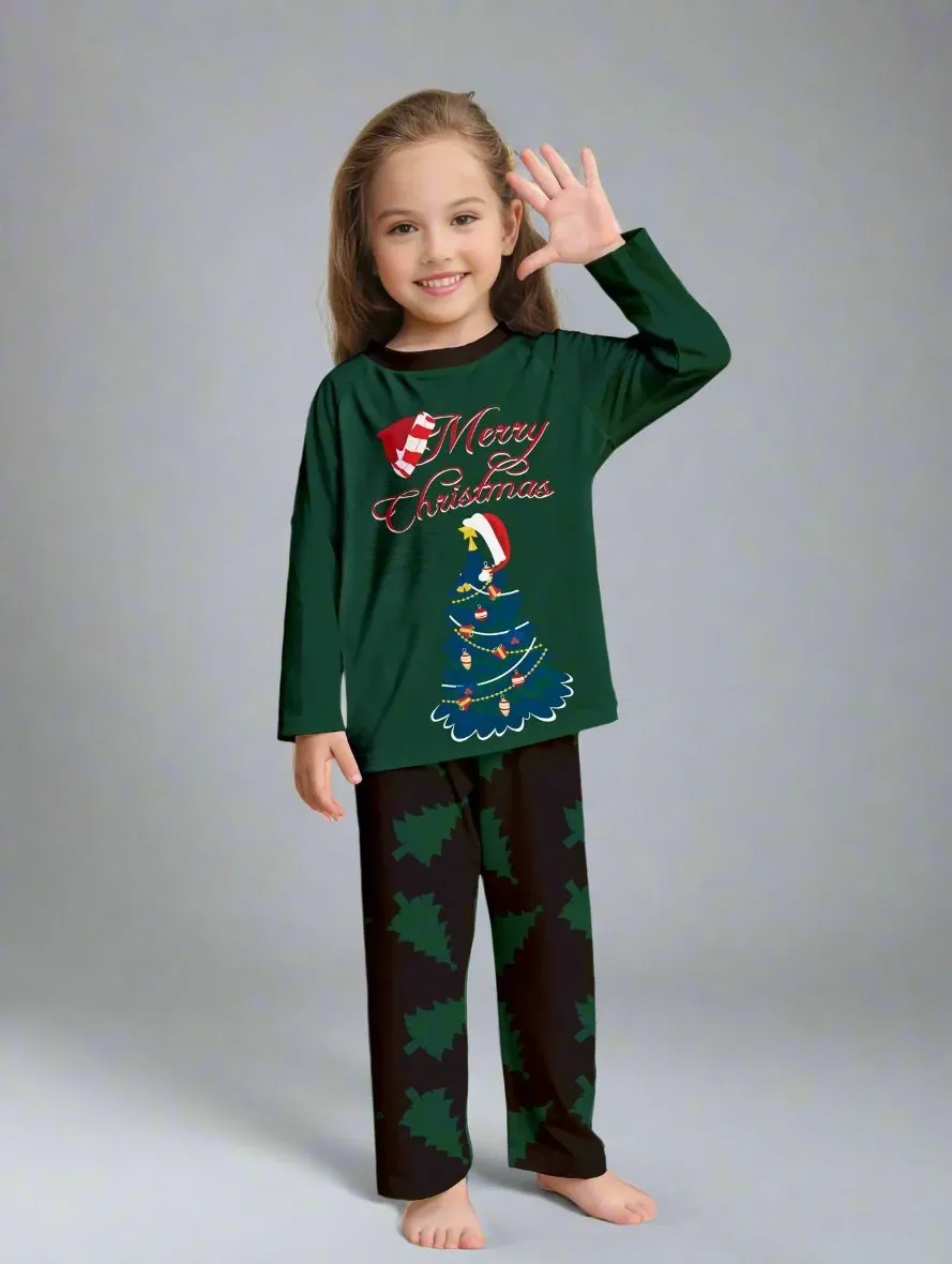 Family Matching Christmas Pajama Set - Merry Christmas Tree Print in Festive Green and Black for Holiday Gatherings